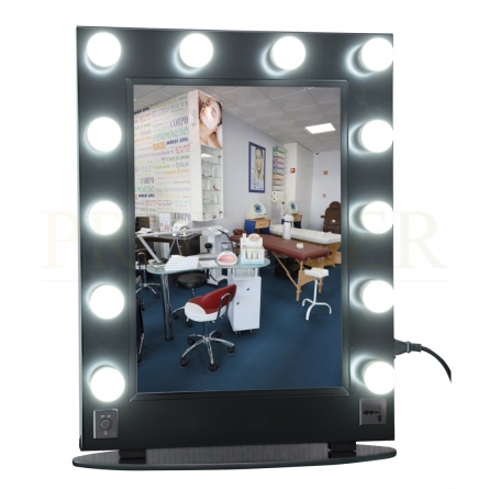 Makeup Mirror with Lights Hollywood Mirror with 12 Bulbs. Black Mirror with Lights, electric conection on mirror. Glass base