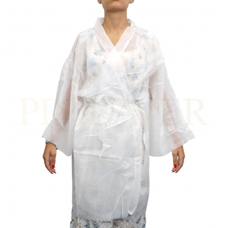 Kimono descartável, com cinto e com meia manga 30grs/m2, branco 10un. Disposable Kimono, with belt and half sleeve.