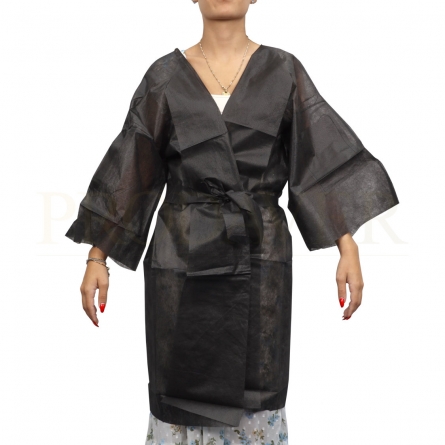 Kimono descartável, com cinto e com meia manga 30grs/m2, preto 10un. Disposable Kimono, with belt and half sleeve.
