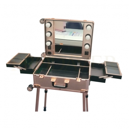 Rolling Makeup Train Case with Lights on Mirror, Aluminum Alloy Cosmetic Organizer Box Travel Case Professional Protable Trolley Salon Staion, rose gold